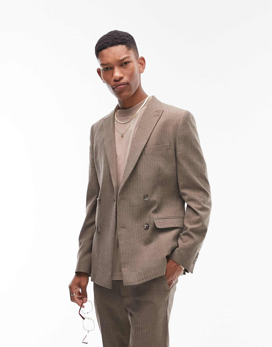 Super Skinny Herringbone Double Breasted Suit Jacket