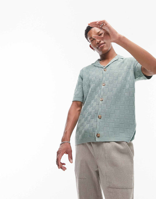 Knitted Textured Check Revere Neck Shirt