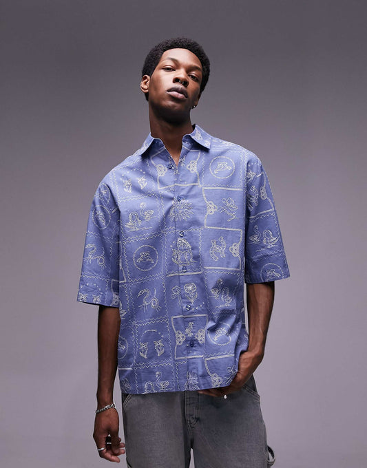 Short Sleeve All Over Embroidered Relaxed Western Shirt