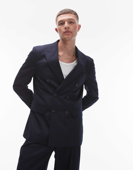 Double Breasted Linen Blend Mix Slim Suit Jacket