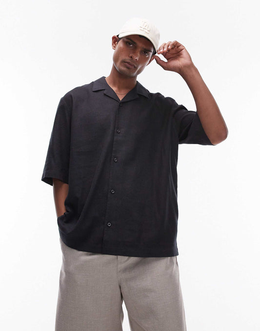 Short Sleeve Boxy Linen Mix Shirt