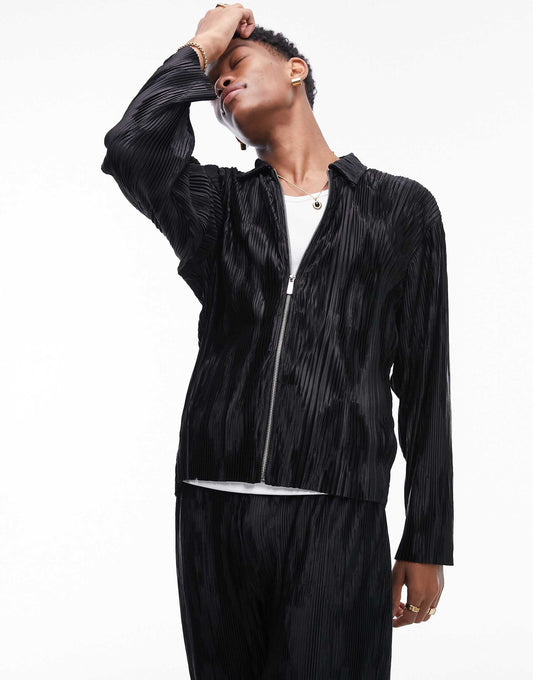 Oversized Fit Long Sleeve Zip Through With Jacquard Plisse