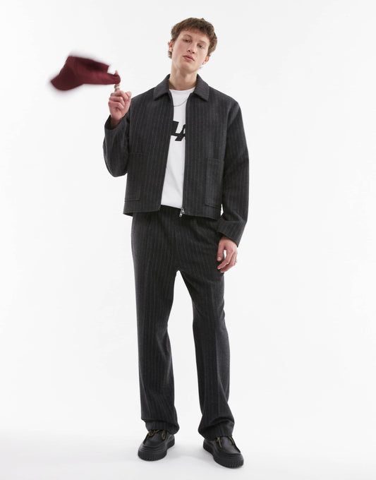 Premium Relaxed High Waisted Pinstripe Wool Blend Suit Trouser