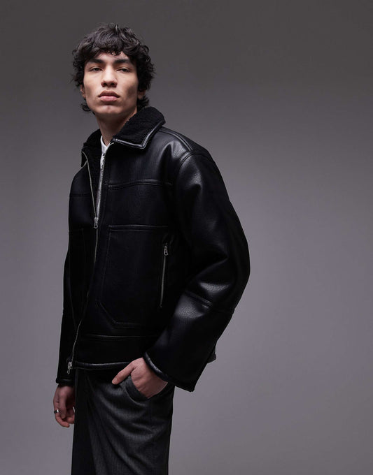 Faux Leather Shearling Jacket With Pocket Detail