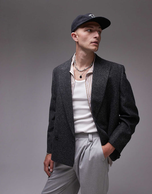 Premium Boxy Wool Mix Salt And Pepper Suit Jacket