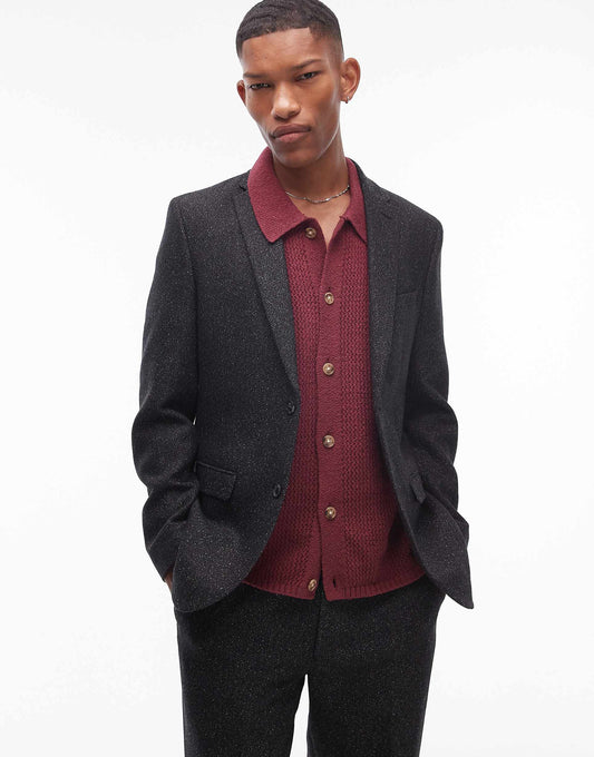 Slim Salt And Pepper Wool Mix Suit Jacket