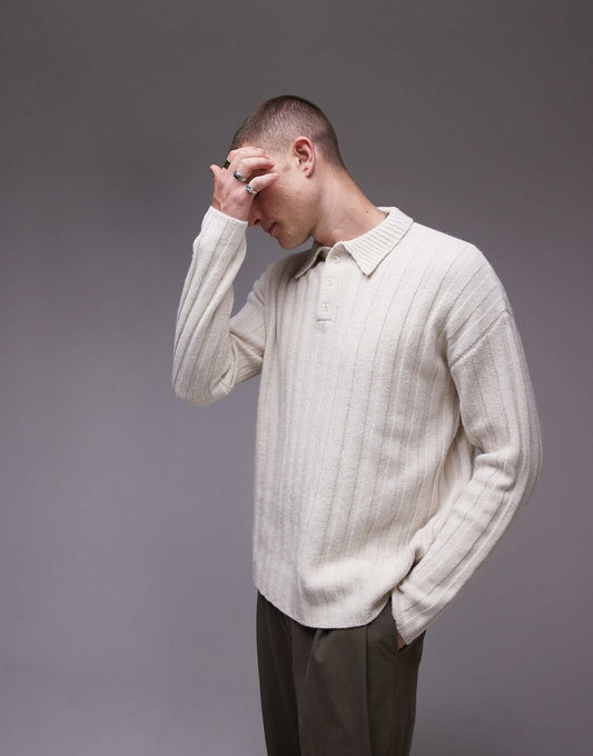 Relaxed Fit Rib Polo Jumper