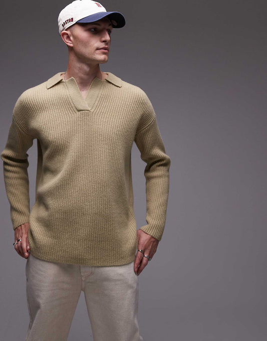 Premium Relaxed Fit Lambswool Open Collar Jumper