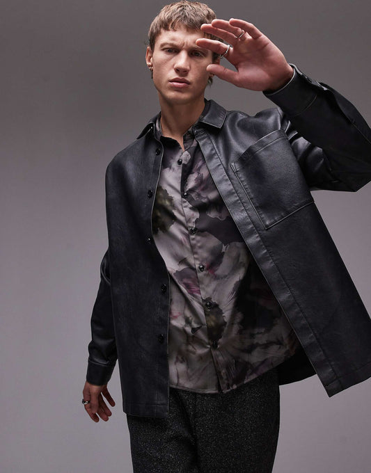 Long Sleeve Distressed Pu Shacket