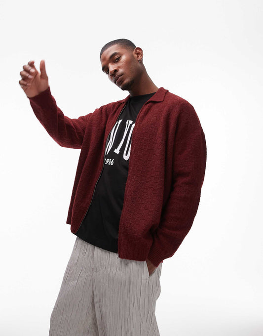 Textured Zip Through Collared Cardigan