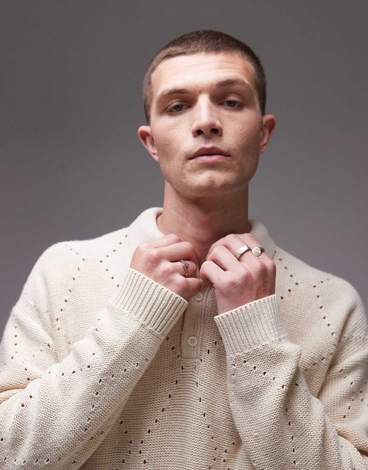 Oversized Diamond Pointelle Knitted Polo