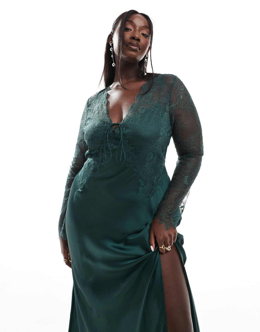 Curve Satin And Lace Mix Bias Maxi Dress With Lace Up Front And Cut Out Back