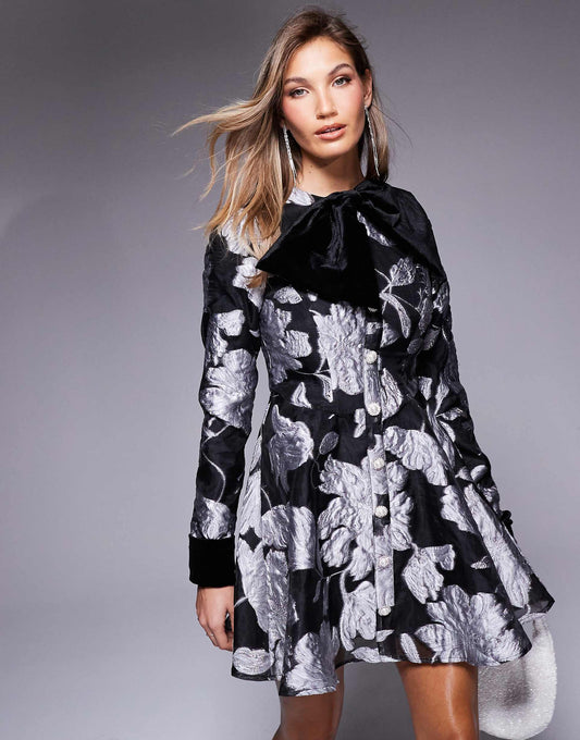 Jacquard Long Sleeve Mini Dress With Velvet Bow And Embellished Buttons