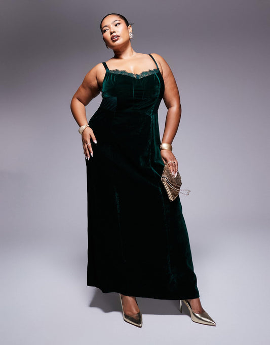 Curve Velvet Corset Midi Dress With Lace Insert