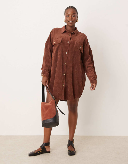 Curve Cord Oversized Shirt Dress With Drop Pocket