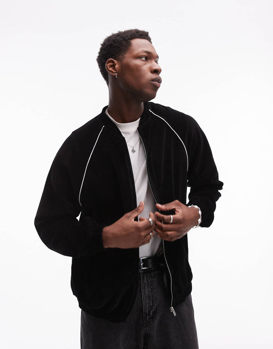 Oversized Fit Velour Full Zip Through With  Side Piping Detail