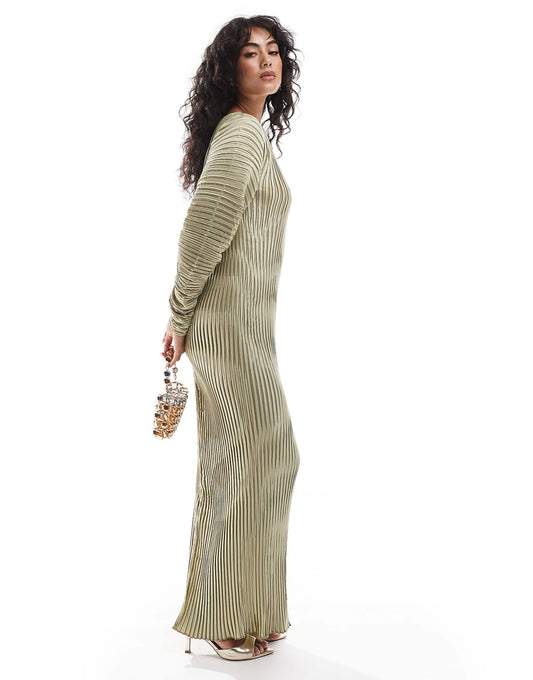 Pleated Maxi Dress With Cocoon Sleeve