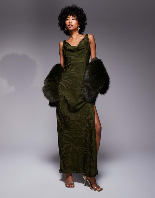 Burnout Cowl Double Layer Tie Detail Maxi Dress