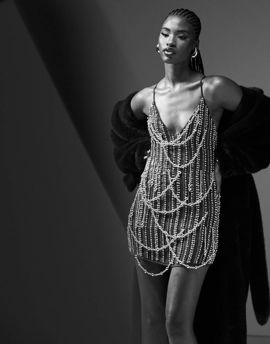 Drape Beaded Halter Embellished Mini Dress