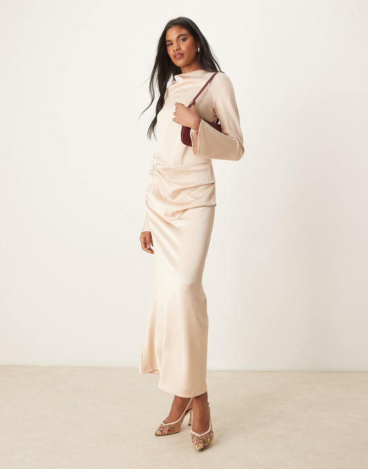Long Sleeve Satin Maxi Dress With Ruched Tab Detail
