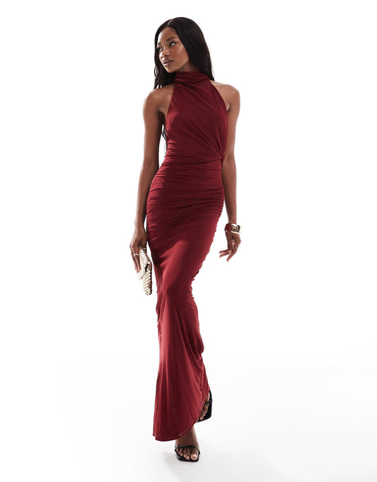 Mesh Twist Bust Detail Halter Maxi Dress With Tie Back Neck