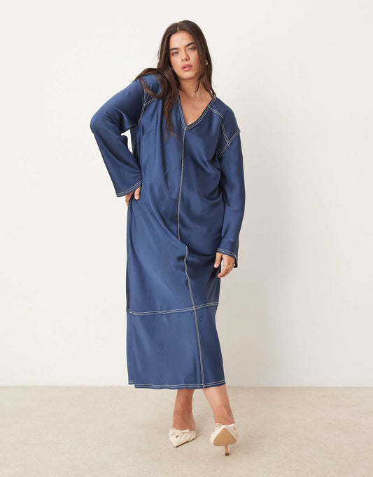 Curve V-Neck Satin Midi Dress