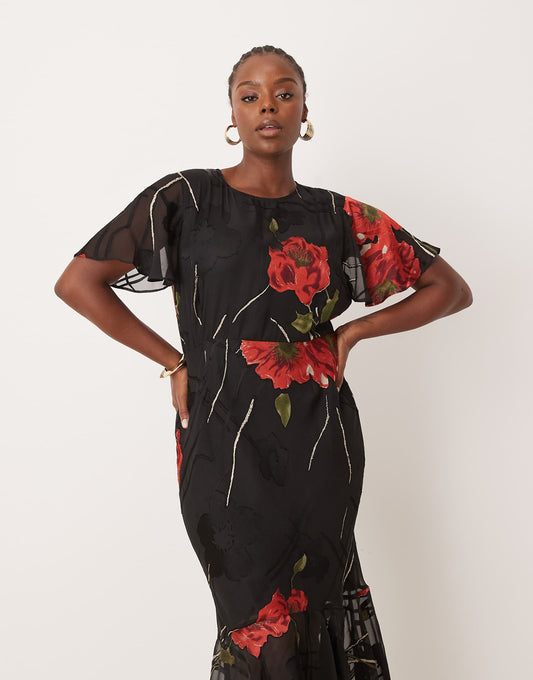 Curve Burnout Angel Sleeve Tiered Frill Maxi Dress