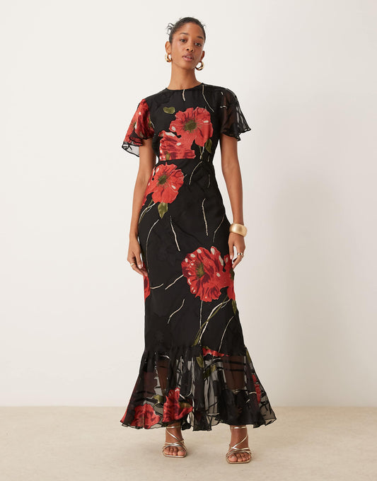 Burnout Angel Sleeve Tiered Frill Maxi Dress