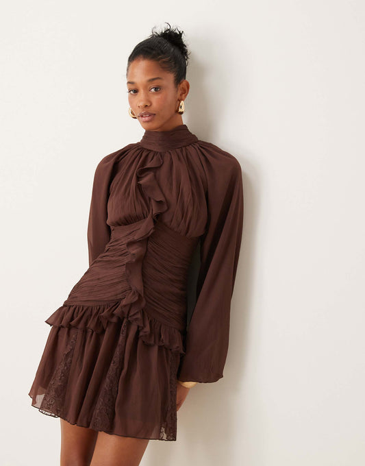 High Neck Waterfall Frill Mini Dress With Lace Godets