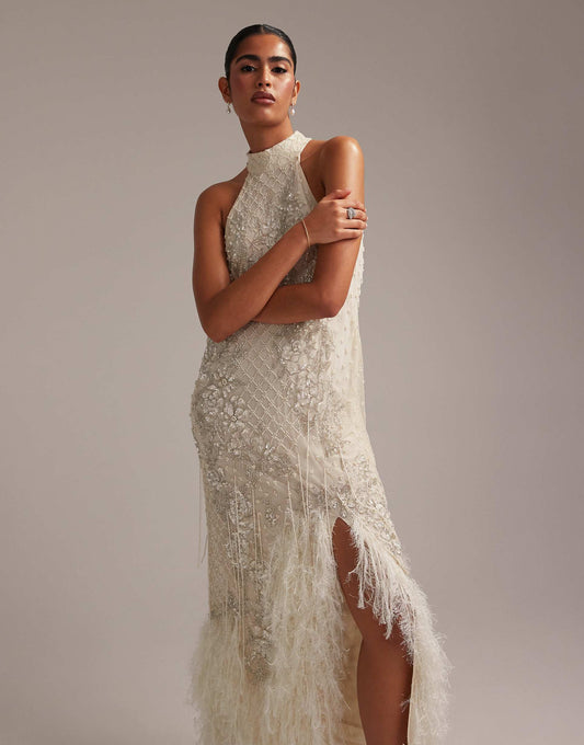 Floral Embellished Halter Maxi Wedding Dress With Fringe Hem