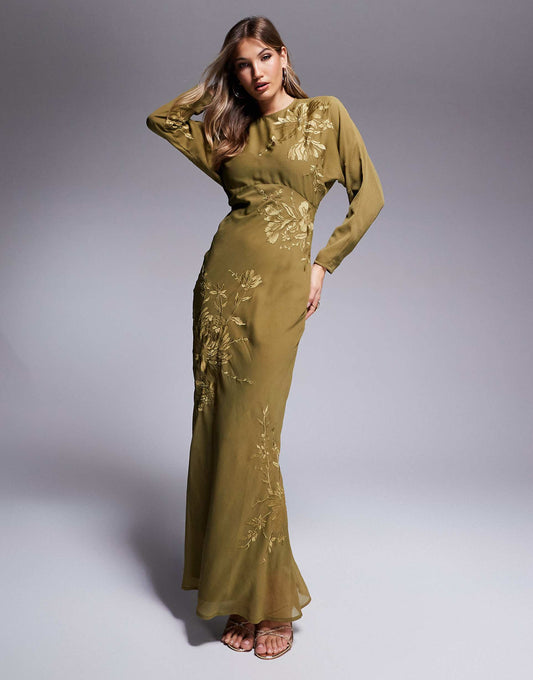 Floral Embroidered Batwing Bias Maxi Dress