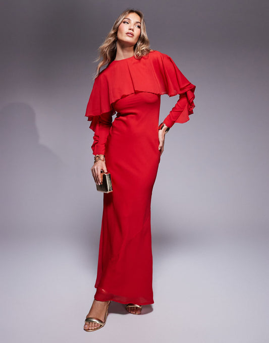 Long Sleeve Ruffle Bias Maxi Dress With Cape Detail