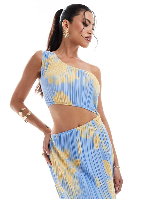 Cut Out One Shoulder Plisse Midi Dress