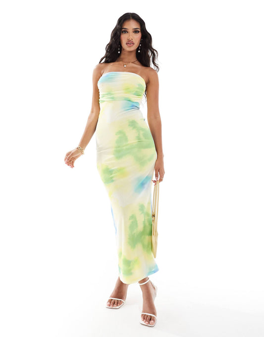 Bandeau Mesh Midi Dress With Ruching
