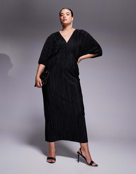 Curve Plisse V-Neck Midi Dress With Batwing Sleeve