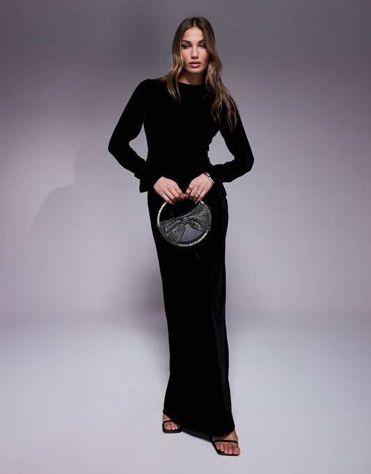 Long Sleeve Tucked Velvet Bias Maxi Dress