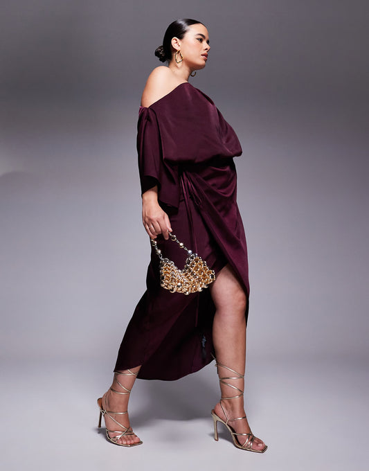 Curve Satin Fallen Shoulder Midi Dress With Wrap Skirt