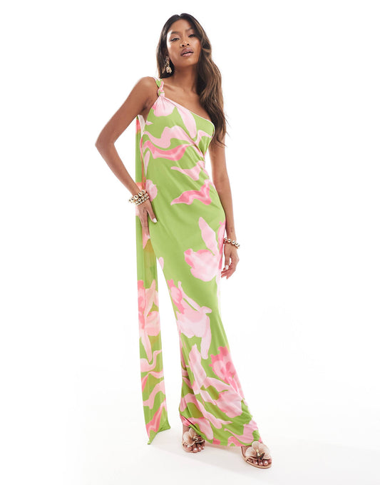 One Shoulder Knot Maxi Dress With Scarf Back Detail
