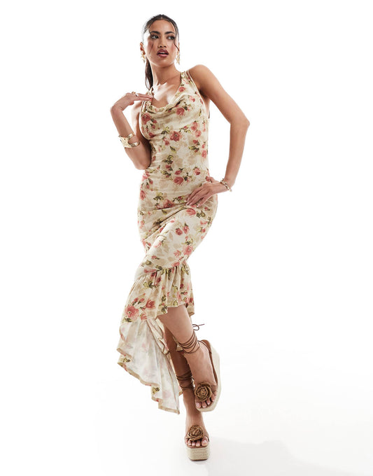 Asymmetric Ruffle Hem Maxi Dress With Tie Back