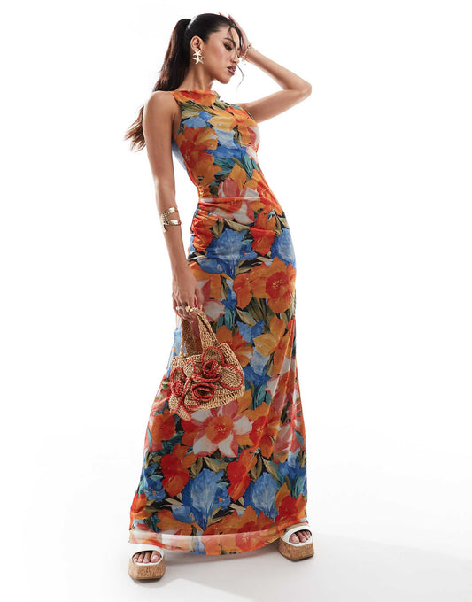 Mesh Ruched Maxi Dress