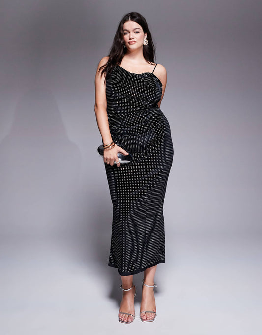 Curve Velvet Embellished Asymmetric Draped Neckline Midi Dress