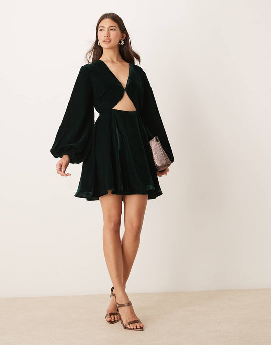 Long Sleeve Velvet Cut Out Mini Dress