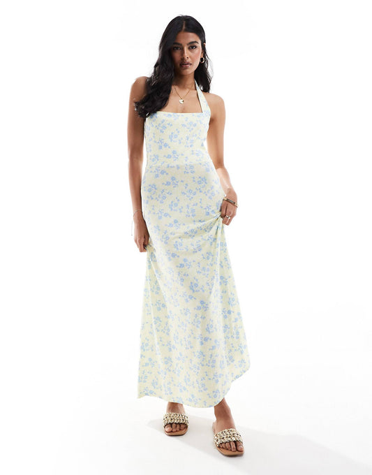 Halter Full Skirt Ditsy Midi Dress