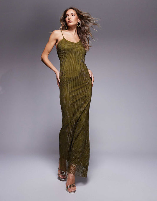 Fishnet Hotfix Asymmetric Cowl Maxi Dress