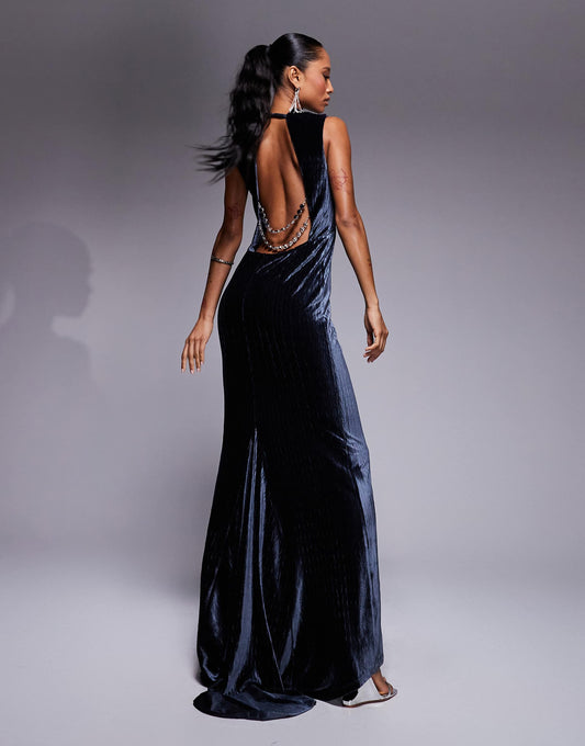 Premium High Neck Crushed Velvet Maxi Dress With Oversized Diamante Trim Back Detail