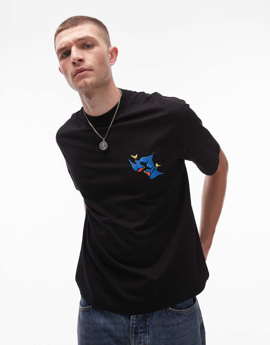 Oversized Fit Cropped T-Shirt With Swallow Embroidery