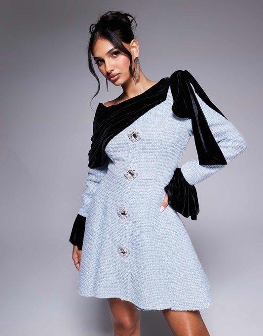 Boucle And Velvet Mini Dress With Embellished Buttons