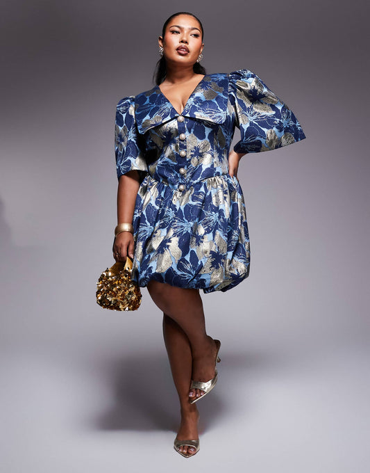 Curve Jacquard Puff Sleeve Collared Mini Dress With Embellished Buttons