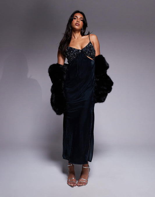 Embellished Bust Velvet Maxi Dress With Cut Outs