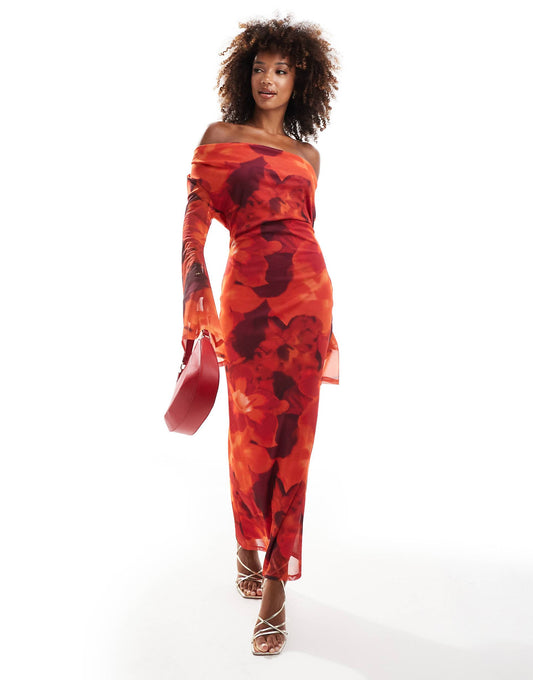 Cowl Front Mesh Maxi Dress With Flare Sleeve